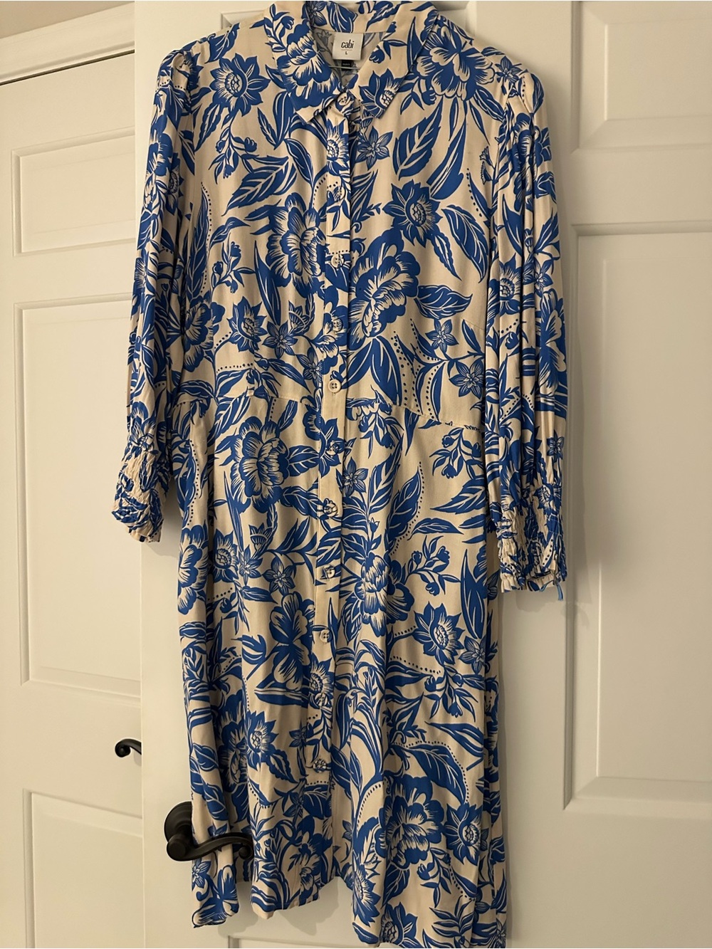 CAbi Blue and White Floral Maxi Shirt Dress
